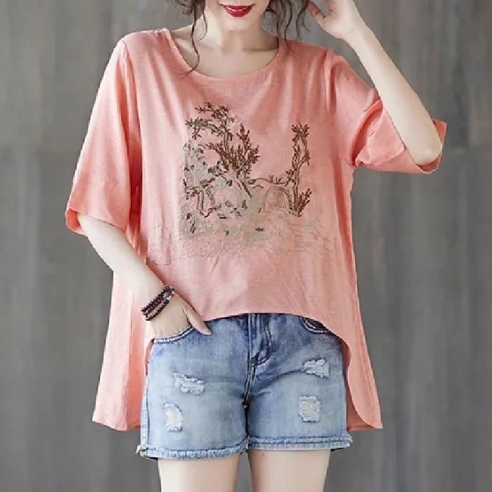 Literary Embroidered Cotton Linen Medium Long Short Front and Long Rear Irregular Hem Slit Top Short Sleeve Women's Summer T-shirt