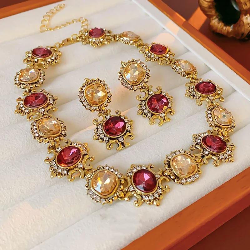Purple Rhinestone Necklace And Earring Set, Women'S Necklace And Earring Set, Extravagant And Fashionable Jewelry Set