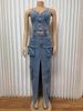 Stylish Denim Suit with Exposed Navel Zipper Top & Multi-Pocket Split Long Skirt