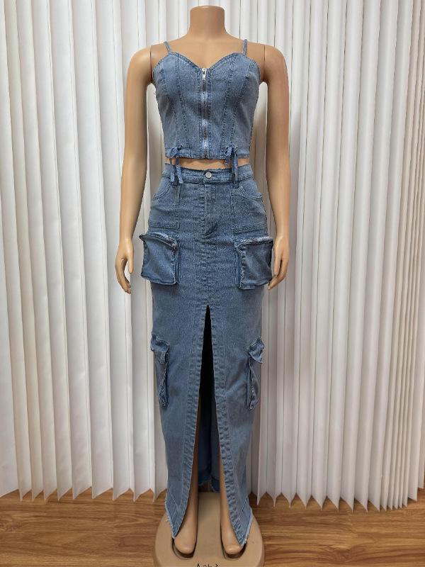 Stylish Denim Suit with Exposed Navel Zipper Top & Multi-Pocket Split Long Skirt