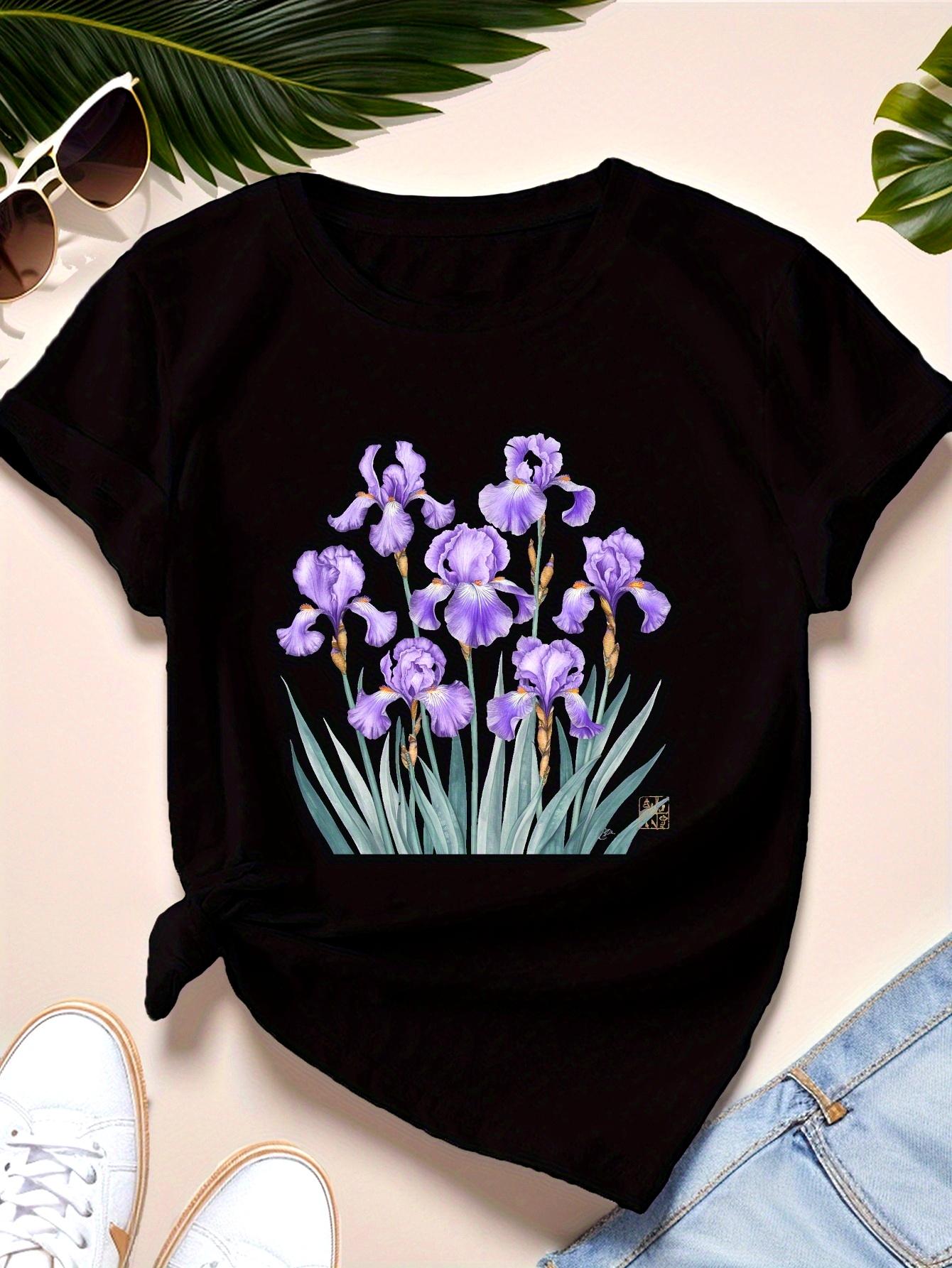 

Irises Flower TShirt Funny Graphic Printed T Shirt Women Vintage Cartoon Casual Short Sleeve Women Top Clothing 4XL