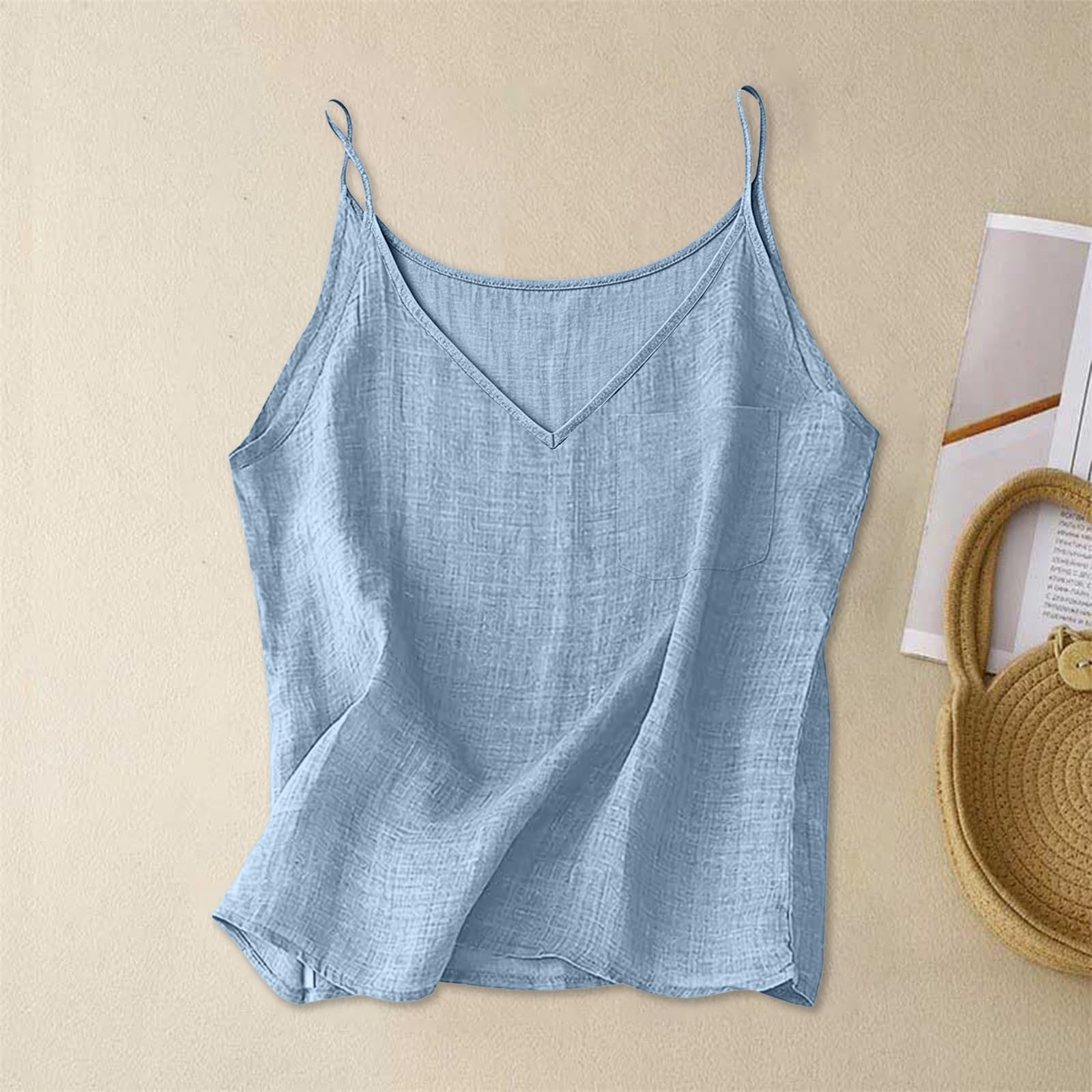 

Women V Neck Sleeveless Tank Top Casual Loose Fit Lightweight Linen Vest with Pocket for Everyday Wear XL
