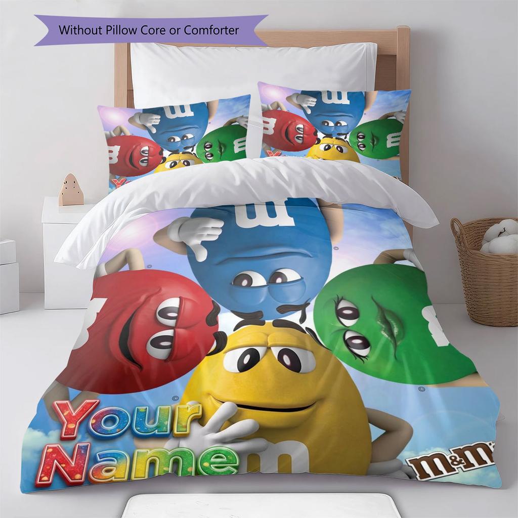 M&M's Custom Name Pattern Bedding,Quilt Set Quilt Cover Pillowcase Home Birthday Gift(1 * Duvet Cover + 2 * Pillowcase, Without Core)