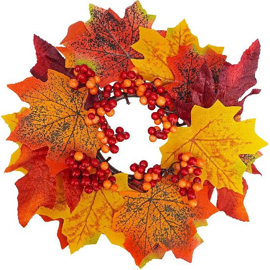 Winlyn 4 Pcs Artificial Maple Leaves and Berries Candle Rings Fall Candle Holders Small Candle Wreath Rings 11  Wide for Farmhouse Fall Thanksgiving
