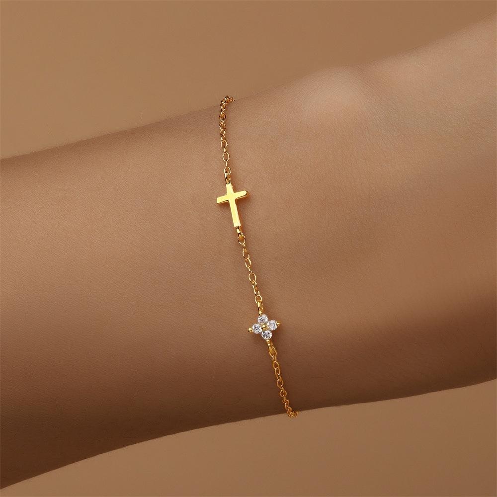 Gold Silver Color Glossy Cross Bracelet for Women Fashion Temperament Adjustable Lucky CZ Flower Bracelet Jewelry Birthday Gift