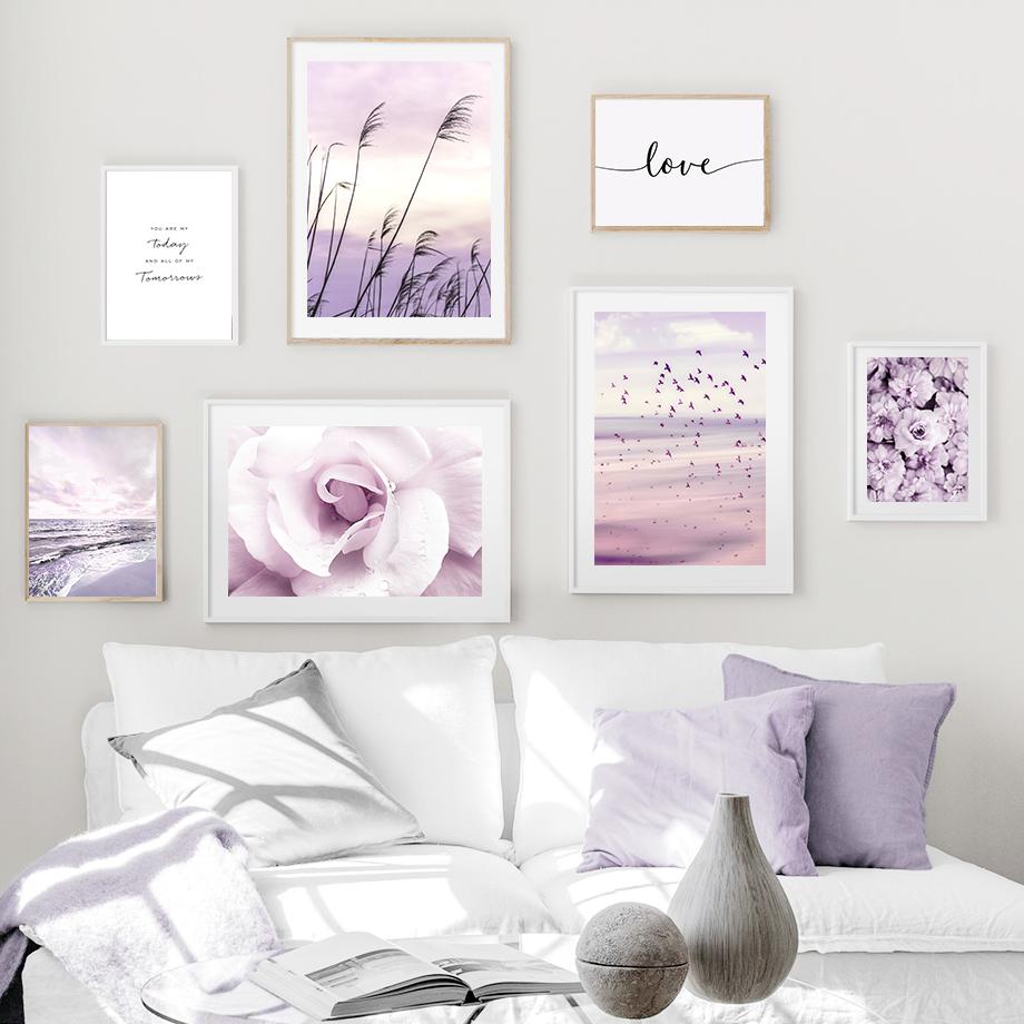 Purple Sea Beach Birds Reed Flower Landscape Wall Art Canvas Painting Posters And Prints Hotel Bar Picture for Living Room Decor