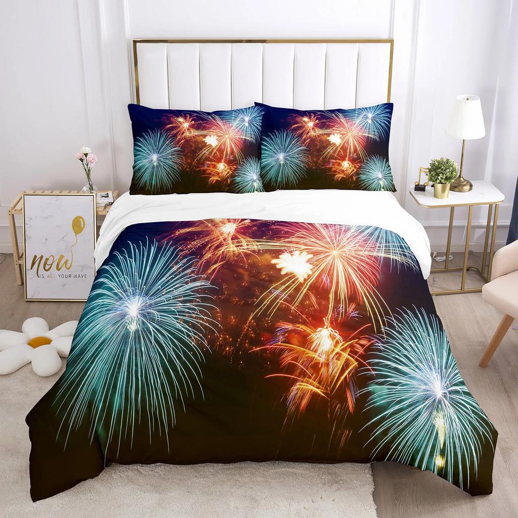Colourful Fires Bedding Set Washed Cotton Firework Duvet Cover Queen Size Celebrate Merry Christmas Theme Soft Comforter Cover