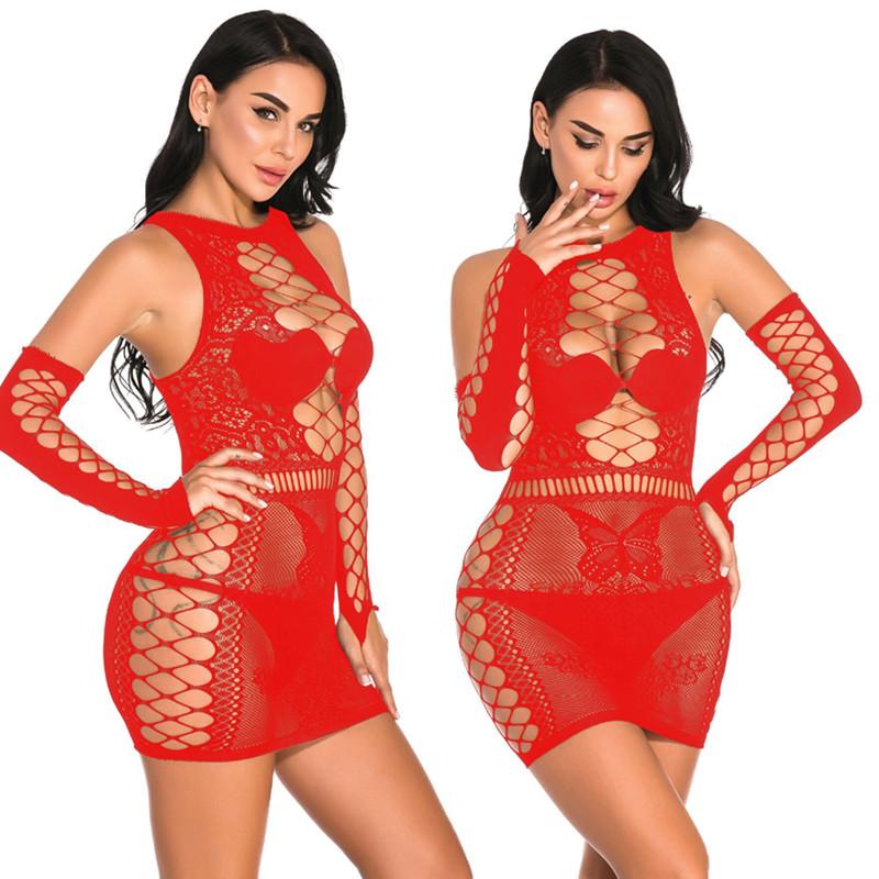 Plus Size Erotic Sexy Lingerie Costumes Hollow Mesh Fishnet Bodysuit Transparent Lace Dress Women Babydolls Sex Exotic Underwear