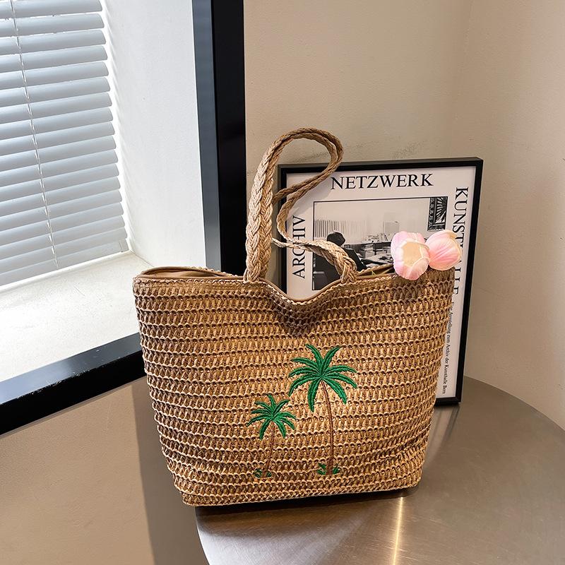 

Соломенная сумка через плечо большой вместимости Женская новая вышитая плетеная сумка Летняя приморская отпускная ветрозащитная пляжная сумка