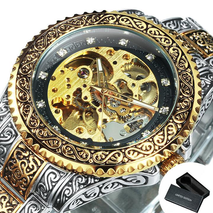 WINNER Vintage Engraved Skeleton Mechanical Watch for Men Rotating Bezel Stainless Steel Strap Luminous Automatic Mens Watches