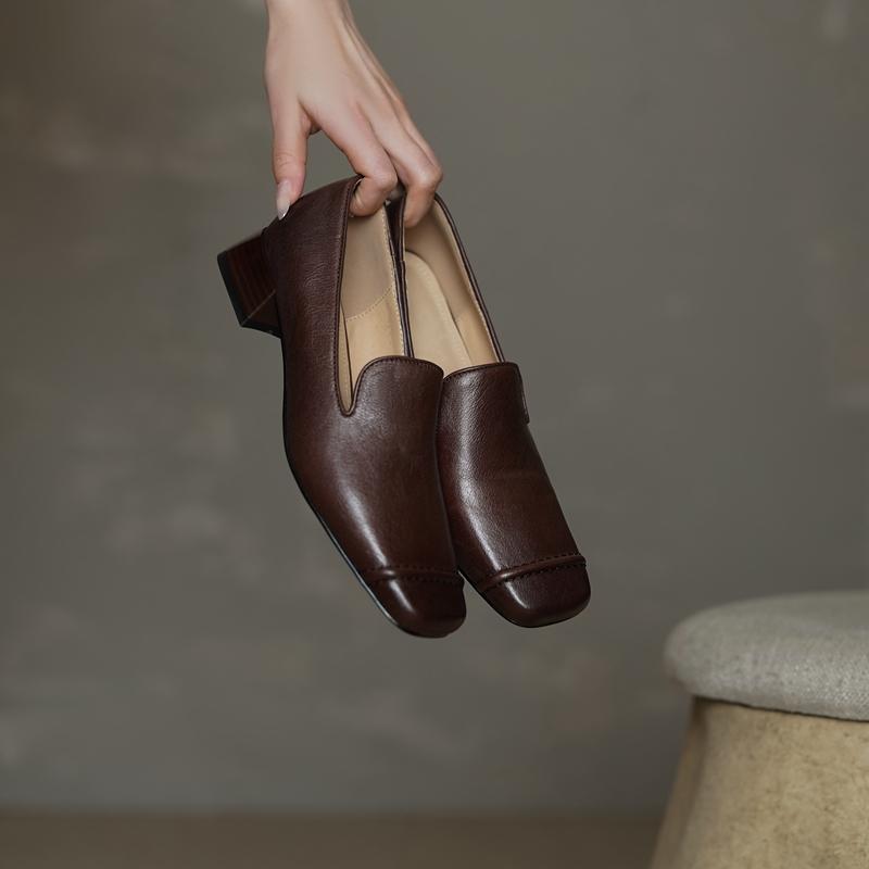 Fashion New Genuine Leather Mid Thick Heels High-quality Pumps Women Square Toe Retro Pumps Office Shoes Luxury Shoes for Women 2025