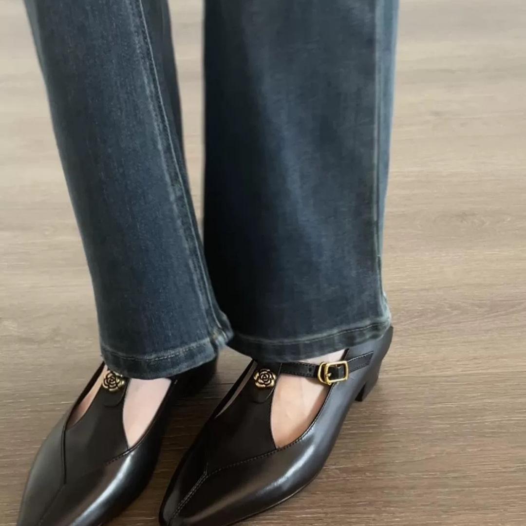 

Cowhide version~ Mary Jane shoes shallow mouth hollow retro camellia commuting thick heel single shoes women commuting Lizhen shoes women 40 чёрный