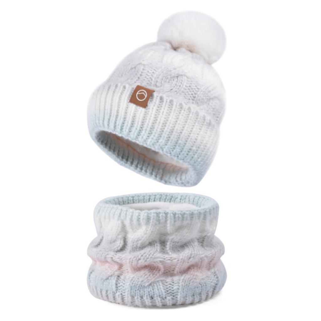 Women's Fashion Contrasting Color Wool Hat And Scarf Two-piece Set: Winter Gradient Pom-pom Knitted Hat, Warm Scarf And Hat Set