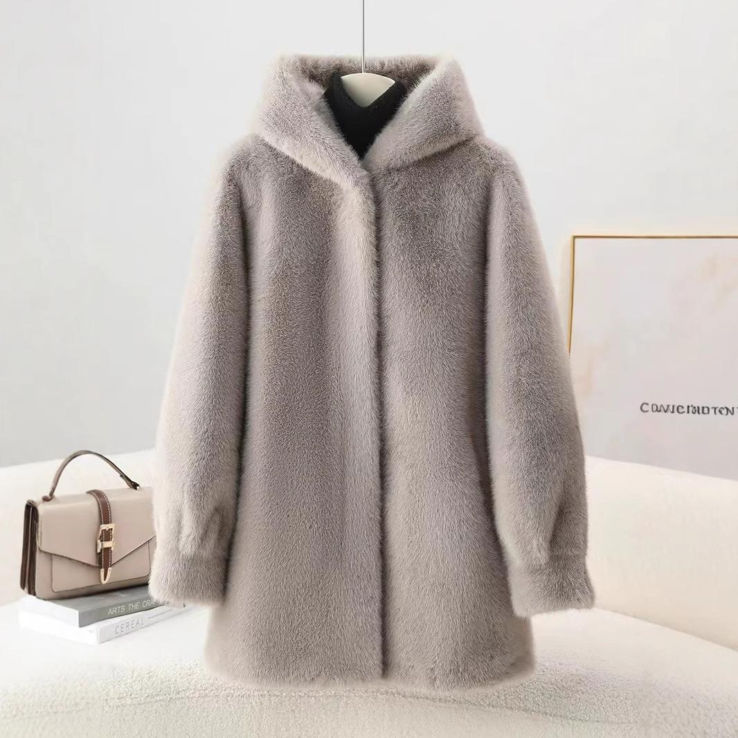 

Меховая цельная шуба для женщин с капюшоном из искусственной норки, шуба средней длины L серый