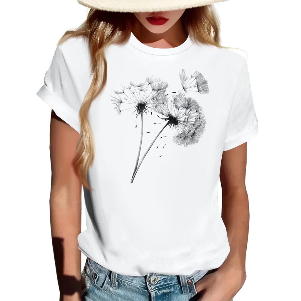 Women's Fashionable Round Neck Casual Retro Print Short Sleeved T-shirt Top