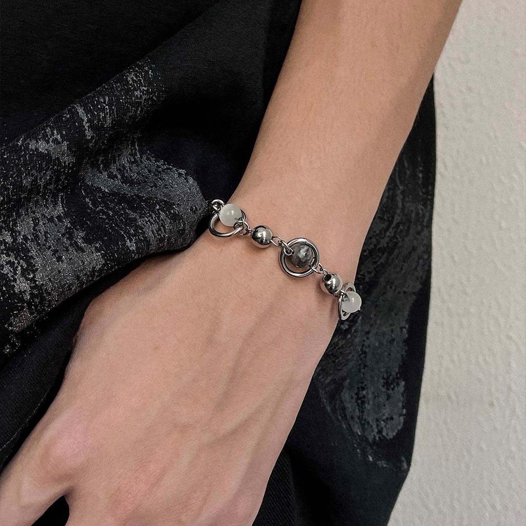 Obsidian Splicing Beaded Bracelet for Men Stainless Steel Unisex Versatile Hand Chain Cold Tone Personality Hip Hop Vintage Gift