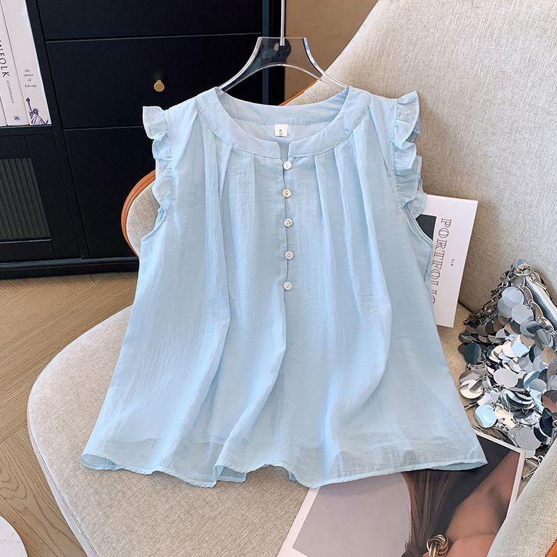 Plus Size Flutter Sleeve French Ruffle Doll Shirt - Women's Summer Loose & Slimming Top