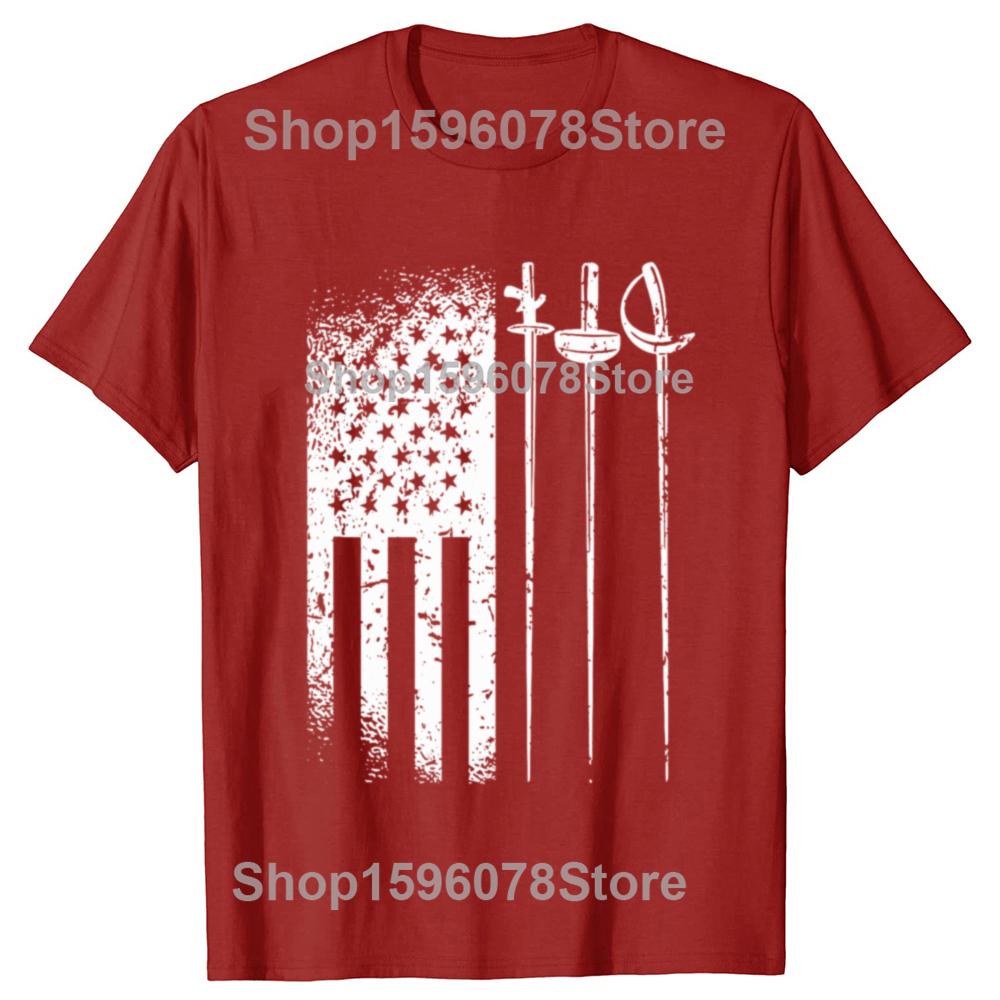 Funny American Fencing USA Flag Fencer T Shirts Men Pure Cotton Humor Streetwear Tee Shirt Short Sleeve Unisex Loose Clothing