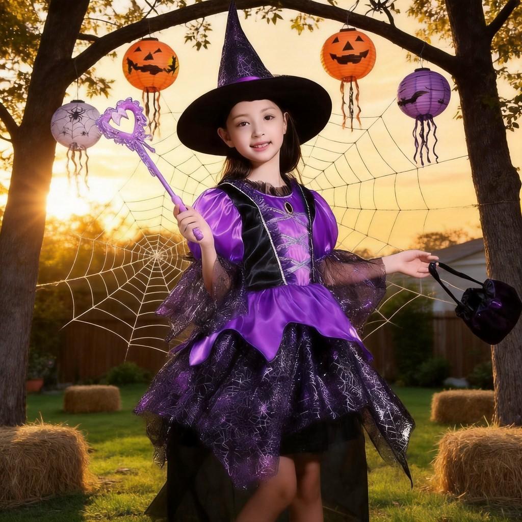 Fantasy Theme Girl Witch Costume With Mesh Fabric For Childrens Cosplay And Party Wear
