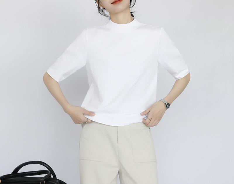 Pre-Sale Women's Cotton T-Shirt: Half-High Collar, Five-Point Sleeves, Stand-Up Collar, Seam Detail, Loose Fit Base Layer for Layering and Commuting