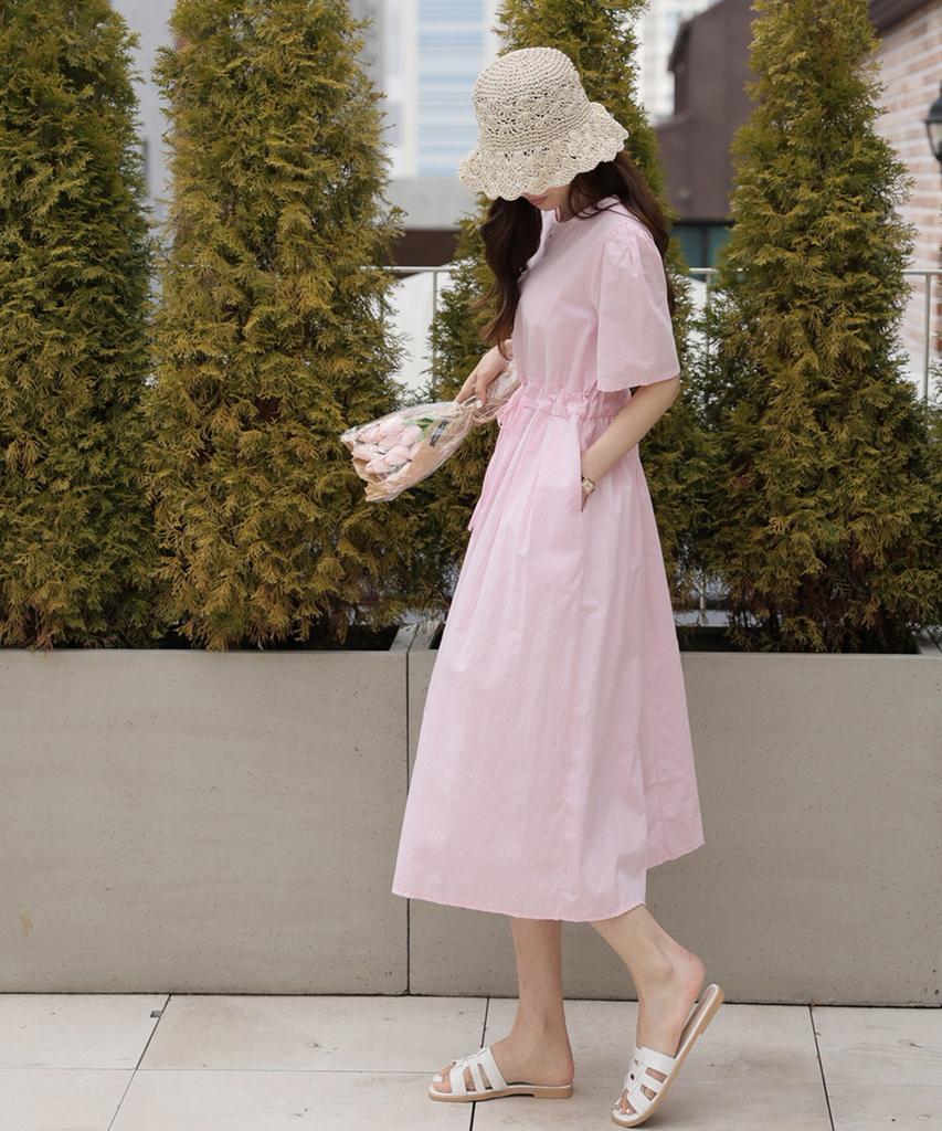 Ppaeppae Round Neck Waistline Pintuck Pleated Short Sleeve Long Dress