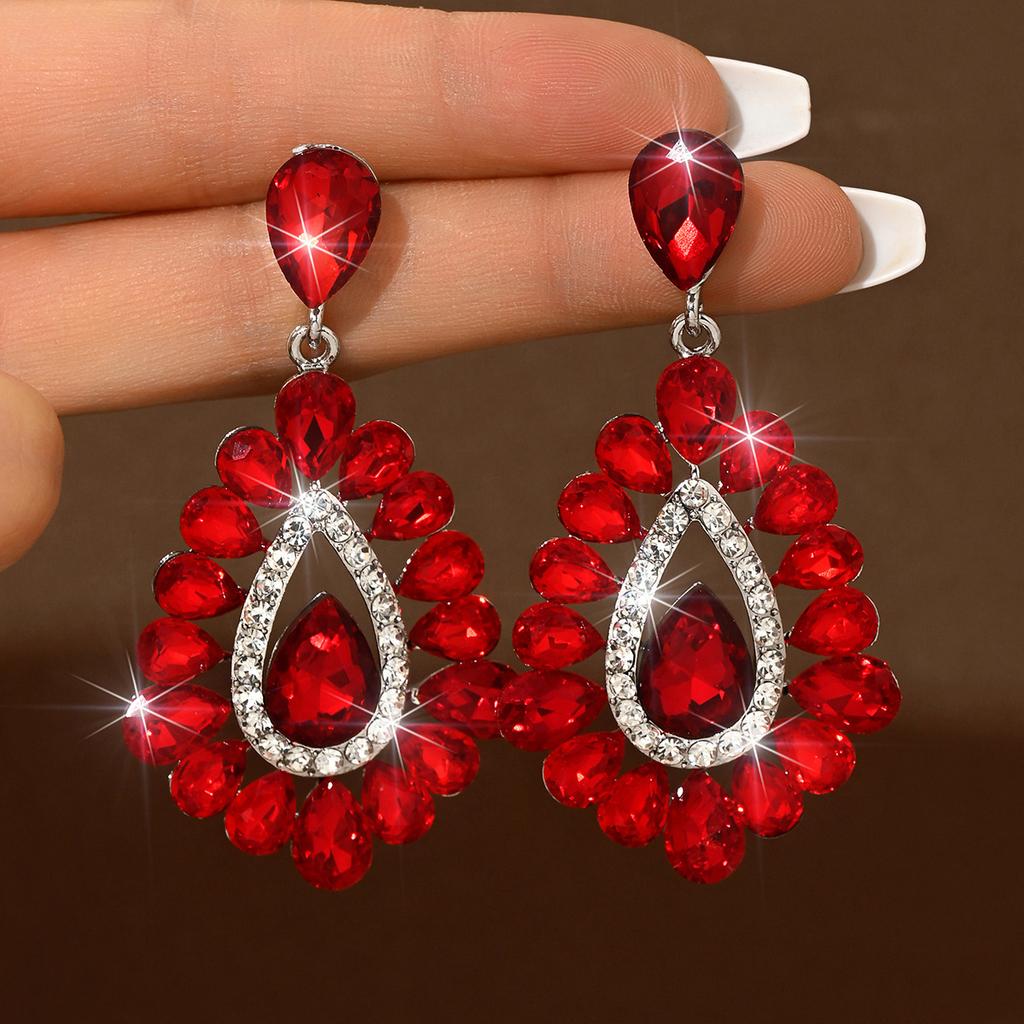 Square Big Red Festive Earrings Wedding High-End Sense Rhinestone Earrings Pendant Temperament Women'S Earrings