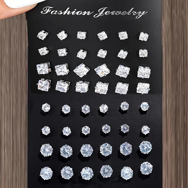 48/72Pcs Exquisite Shiny Round Square Stud Earrings Shiny Zircon Inlaid Earrings Set Party Wedding Engagement Anniversary Gifts