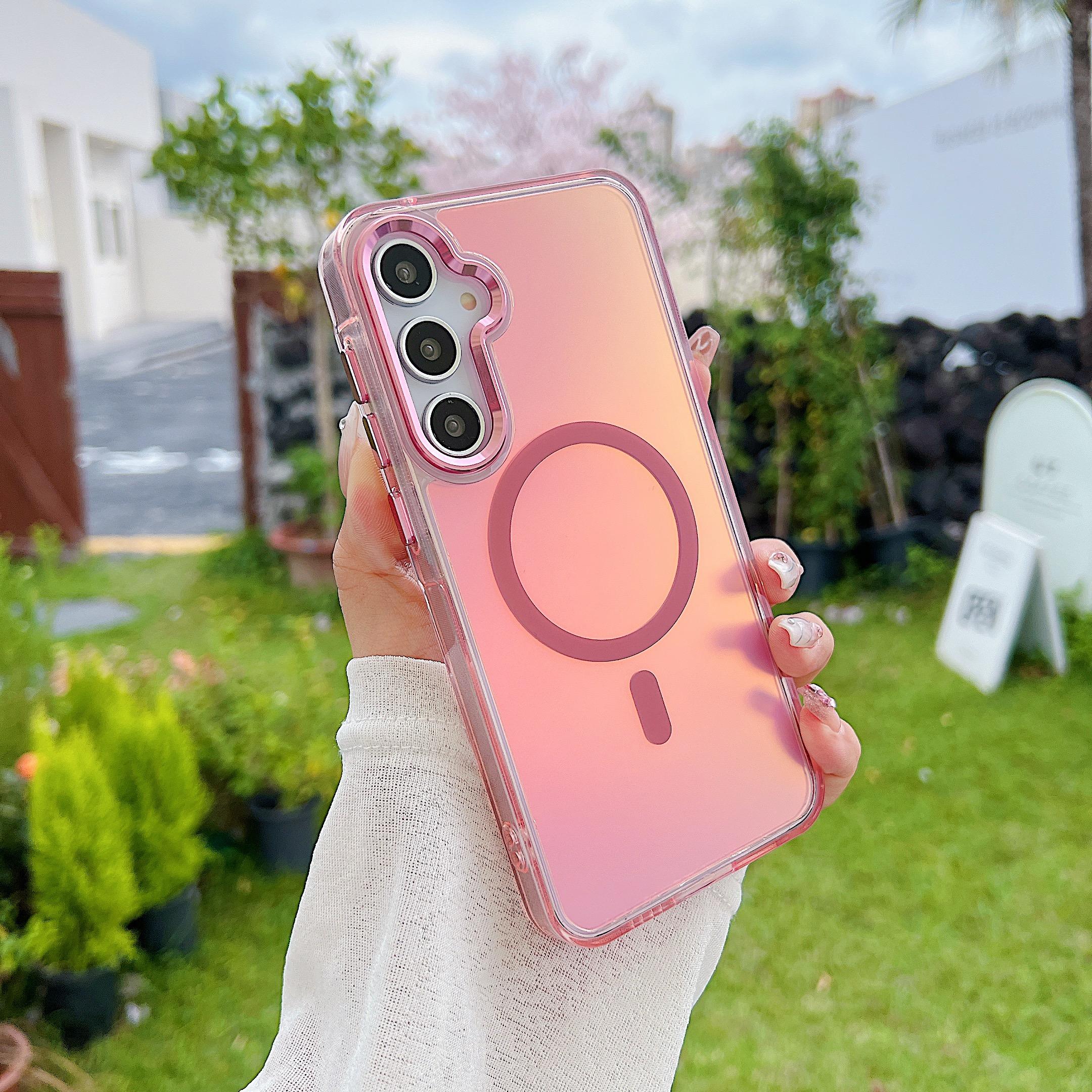 

Fashion Laser Gradient Shockproof Magnetic Case For Samsung Galaxy A06 A55 A54 A53 A35 A34 A25 A15 A05 A05S A24 Magsafe Cover Galaxy A05 розовый