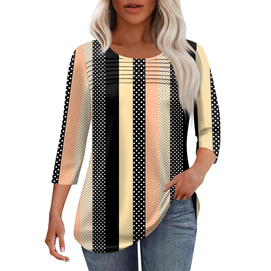 Dámský módní top s kulatým výstřihem, plisovanou přední légou, jednobarevný, s 3/4 rukávy