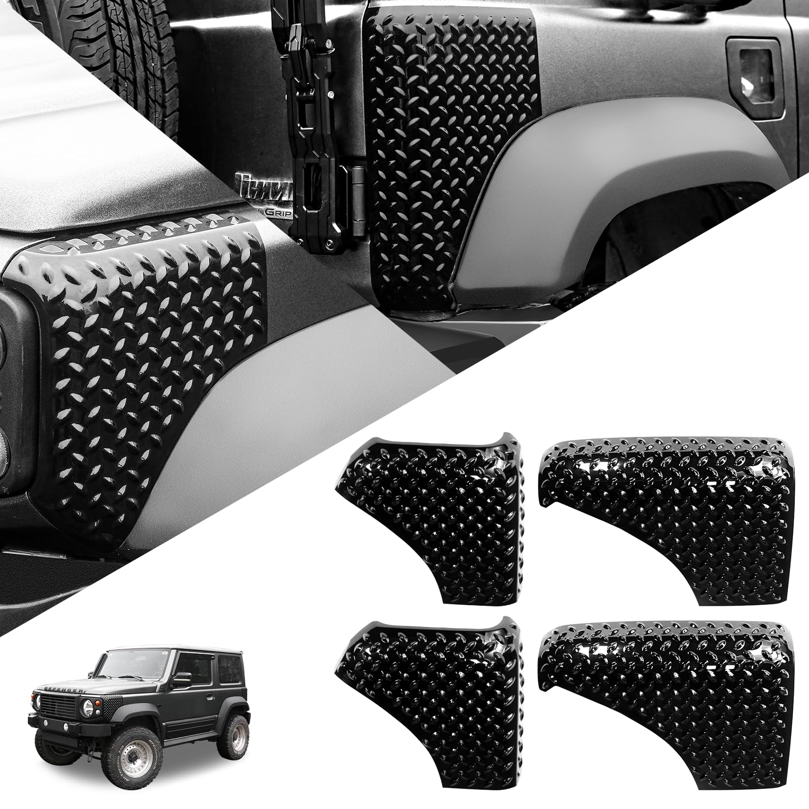 

AMWMORV Новые угловые накладки Jimny JB64 для Suzuki Jimny Передние и задние защитные накладки на капот Левая и правая задняя часть кузова Комплект из черного АБС-пластика JB74, Накладки, Защита, 4,