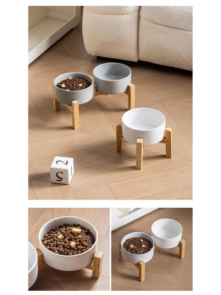 Ceramic Pet Food Bowl with Elevated Bamboo Stand - Anti-Tip Design for Dogs and Cats, Protects Cervical Spine