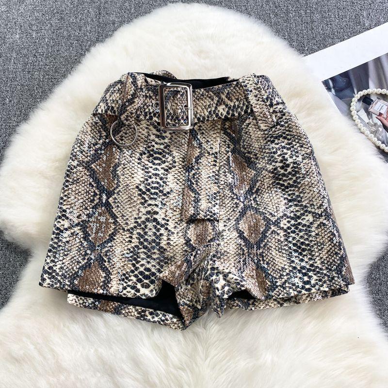 

Elegant High Waist Sexy Leopard Print Shorts Casual Sequin Light brown crocodile pattern XL