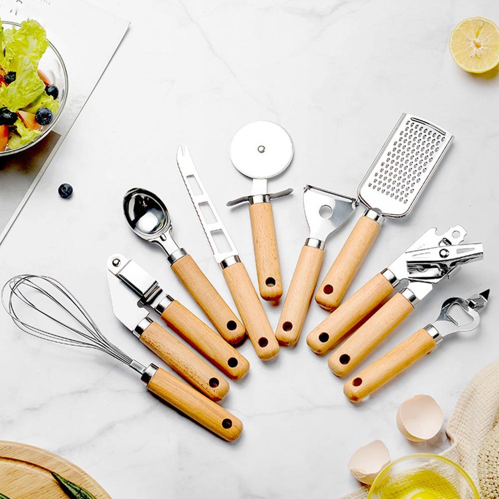 9 PCS Silver Wooden Color Kitchen Utensil Set Stainless Steel Kitchen Gadget Set  Baking Cooking