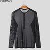 INCERUN Herren Rundhals Langarm Hotfix Strass Mesh Transparent Figurbetont Party T-Shirts