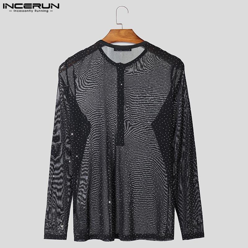 INCERUN Herren Rundhals Langarm Hotfix Strass Mesh Transparent Figurbetont Party T-Shirts