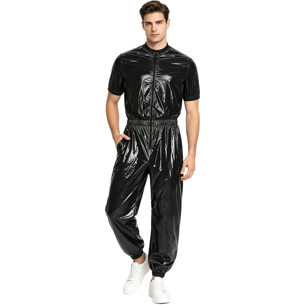 Men Waterproof One Piece Jumpsuit Short Sleeve Front Zipper Elastic Waist Side Pockets Jogging Pants Raincoat Sauna Tracksuit for Outdoor Running