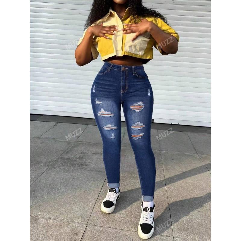 2026 Womens Slim Fit Denim Pants With Fringe Detail Ripped Design Mid-Waist Stretch Jeans Office Casual Wear