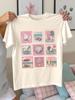 Pink Coastal Summer Stamp TShirt Retro Beach Seashell Ice Cream Graphic Tee for Women Aesthetic Vacation Shirt