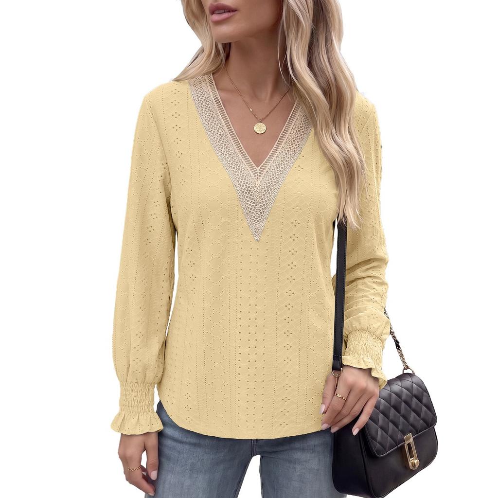 Fall Winter New Solid Color V-Neck Lace Splicing Loose Long Sleeve T-Shirt Top for Amazon EU US Cross-border Trade