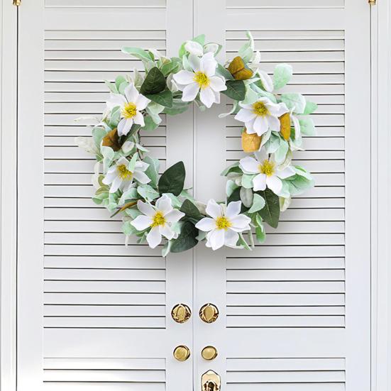 Guirlanda Artificial de Magnólia de 15 Polegadas para Porta da Frente Primavera Verão Guirlanda Floral Falsa com Folhagem para Varanda Entrada Sala de Estar Decoração de Parede