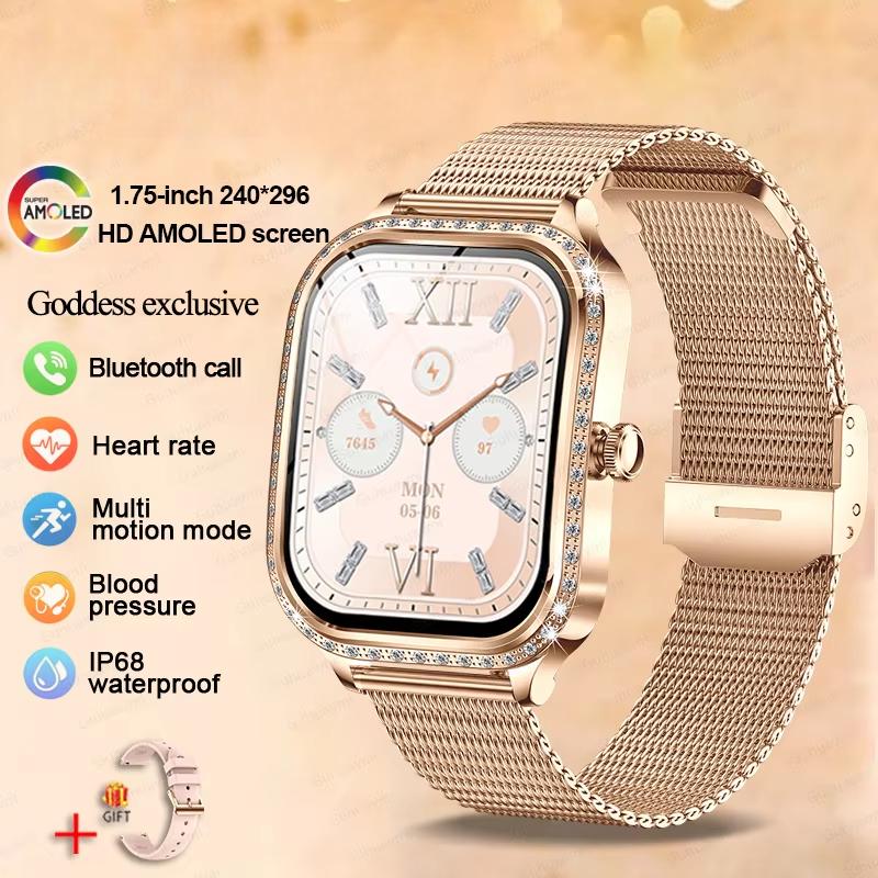 2025 Ny Mote Smart 1.75" HD Skjerm Klokke Kvinner AMOLED Buet Skjerm IP68 Vanntett Helse Anrop Smartklokke Apple Watch Damer for Dame Gave
