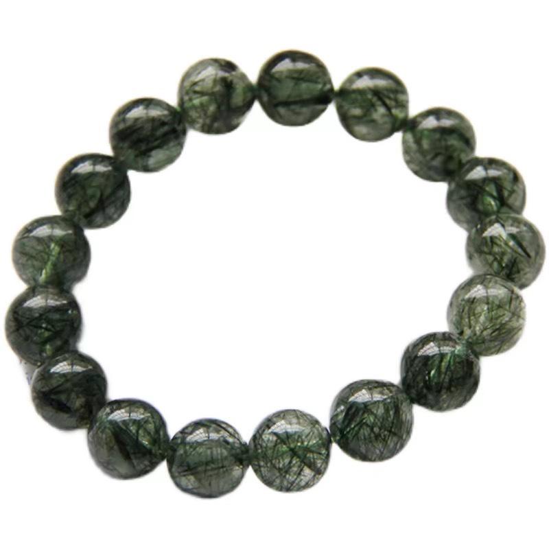 Natural Green Rutilated Quartz & Tourmaline Bracelet with Super Seven & Green Phantom Crystals - Titanium Unisex Gift. Beads ~6mm