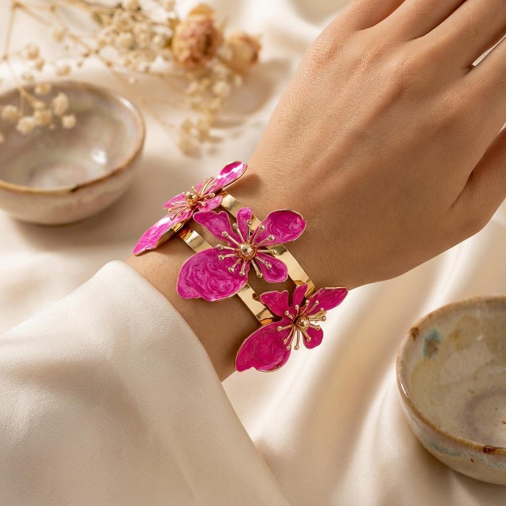 Elegantes Metall Emaille Blume Offenes Armband für Damen Übertrieben Exquisit Weiße Rote Blumen Florales Armband Party Urlaub Schmuck