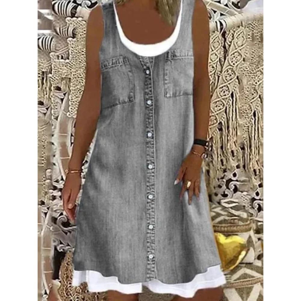 Nouvelle robe 2025 pour femme à impression numérique Fausse pièce deux pièces Imitation Jean Robe Décontractée Ample Col Rond Robe débardeur Femme Vestidos