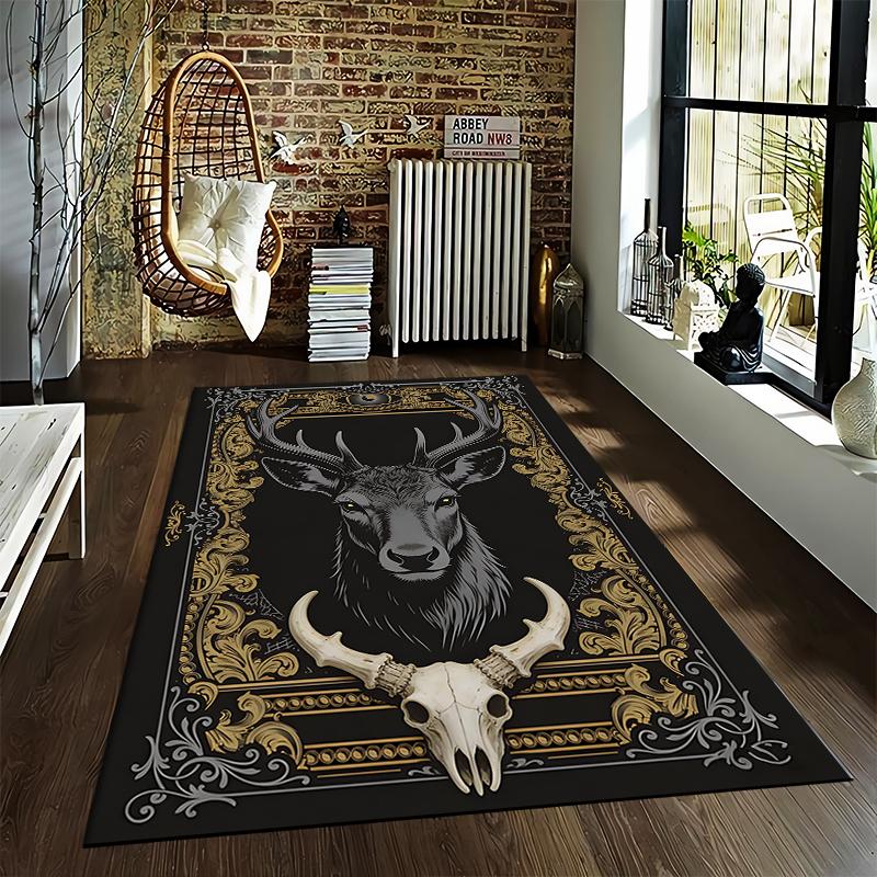 "Black Carpet with Stag and Skull Design, Vintage Gold Accents" Suitable for Use As an Anti-slip for Living Room Bedroom Sofas