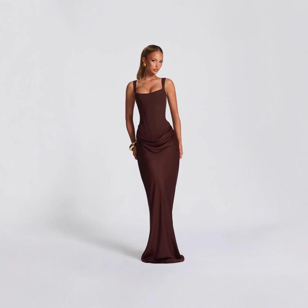 TK Women's 2026 Spring Slim Strappy Maxi Dress – Solid Color Hip-hugging Style