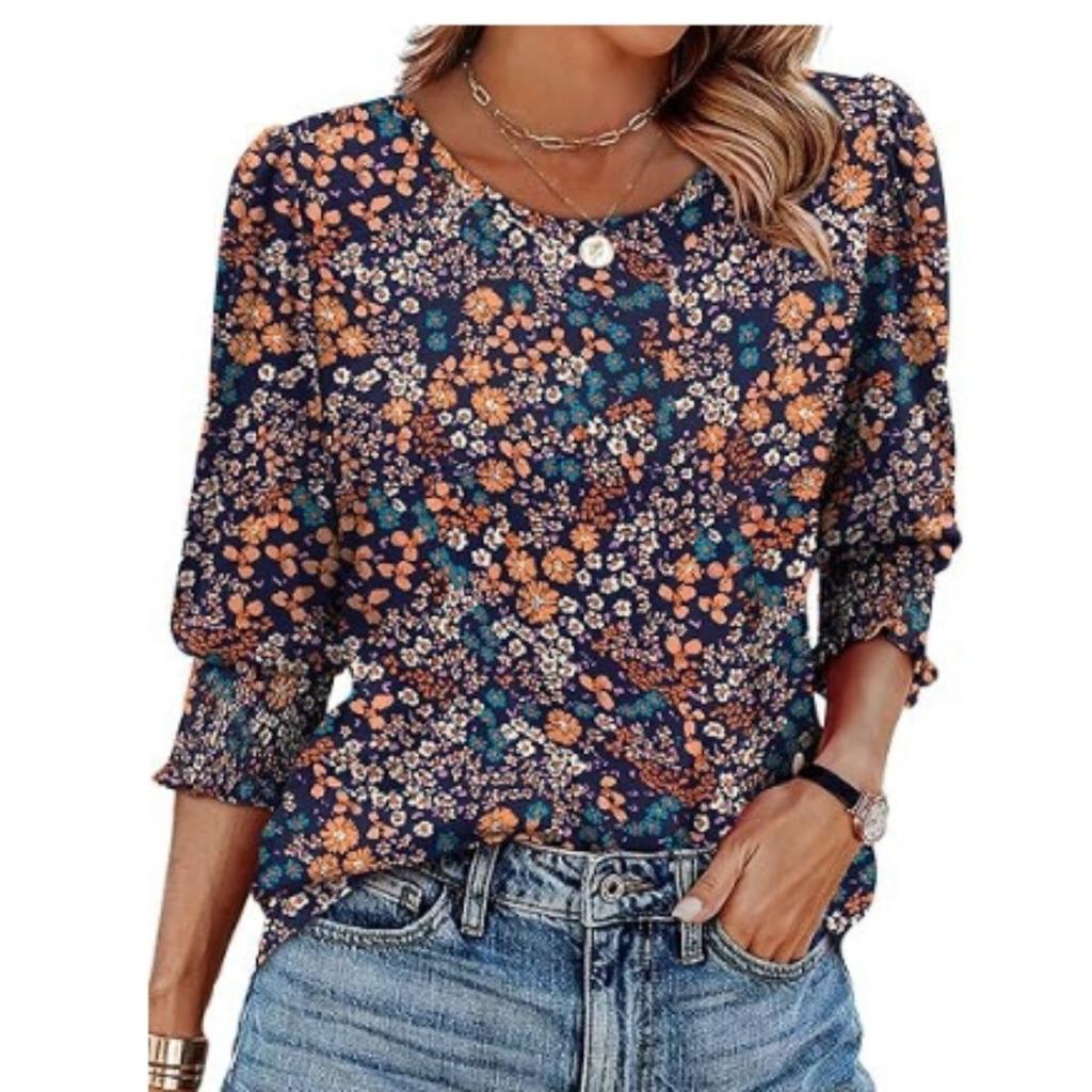 Women's Clothing, Spring, Loose, Casual, Printed, Seven Quarter Sleeves, Round Neck, T-shirt, Top