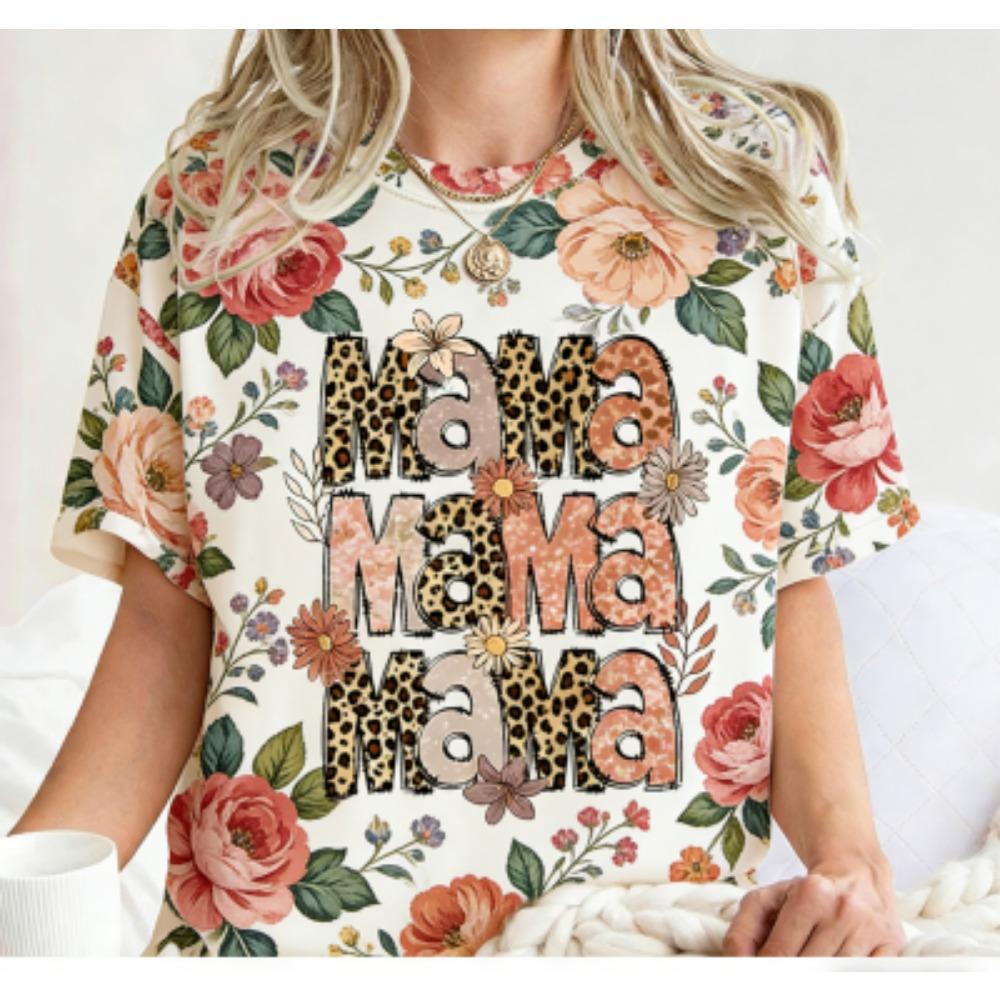 Fashion Funny Striped Flower Leopard Mama Letter Print Kids Short Sleeves T-Shirt Loose Casual Summer Outdoor Street Boy and Girl Tees Tops