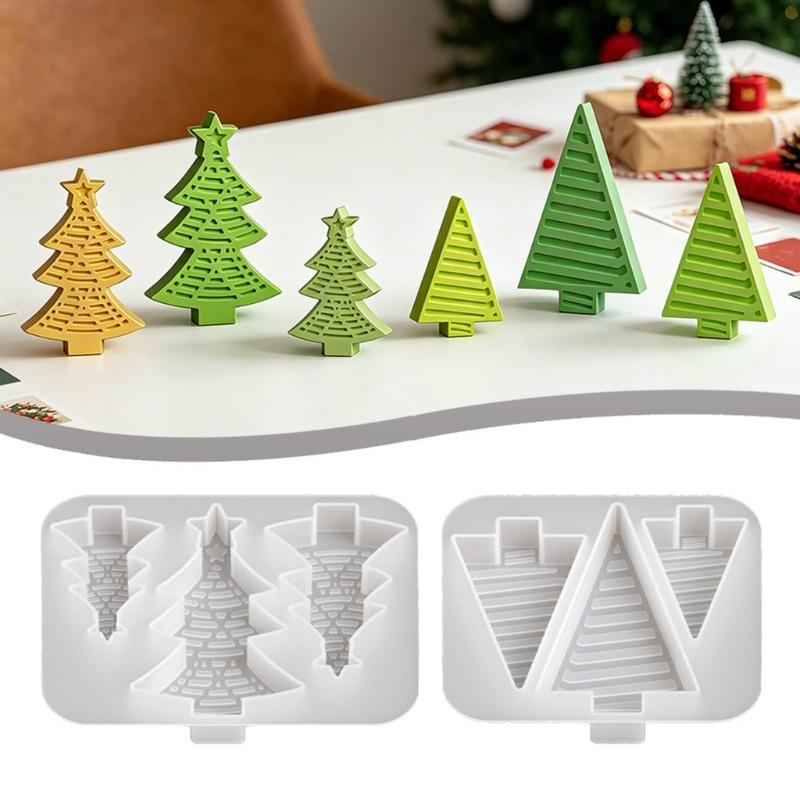 3-Cavity Holiday Tree Shape Casting Mould for Scented Candle Casting, Soap Making Decorative Gypsum Figures