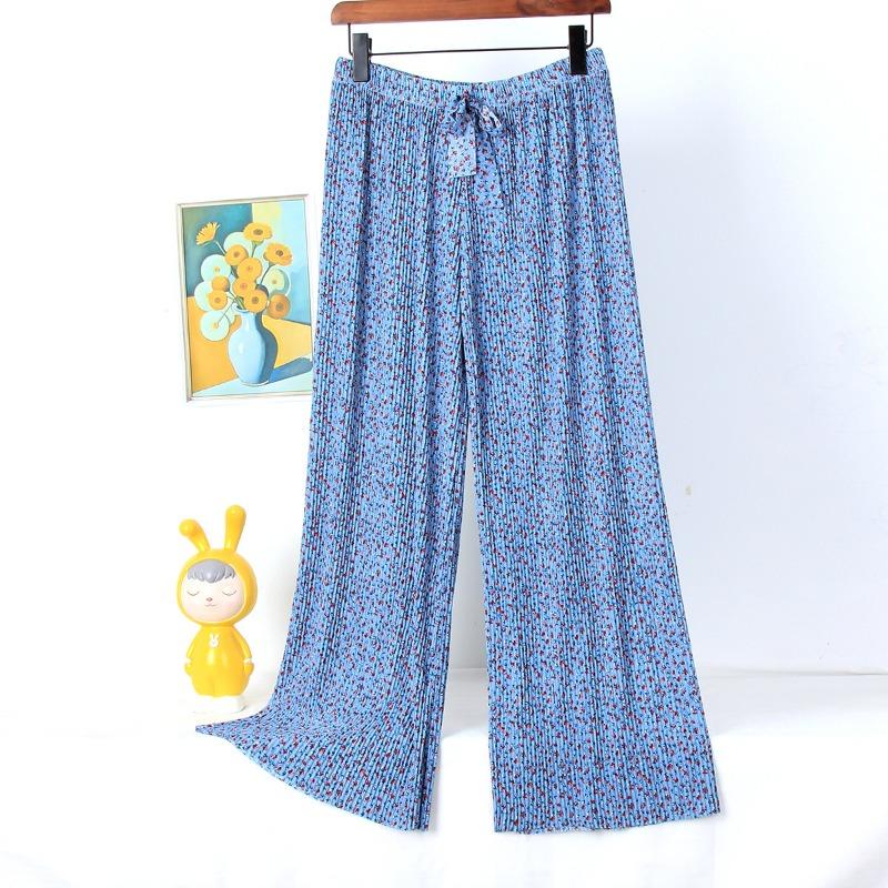 

Ice silk wide-leg pants women s spring and summer thin pajama pants high waist drape pleated lazy wind floral home casual pants walking One size